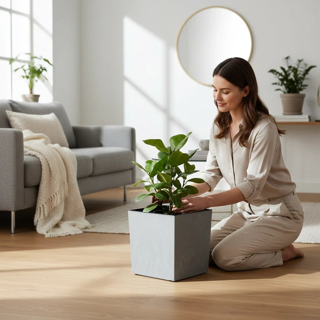 Happy Flower Juka square planter in grey concrete look with a plant, placed in a bright, modern living room.