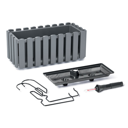 HappyFlower Balkonkasten mit Bewässerungssystem und Gummistopfen – Pflanzkasten für Geländer (38 / 58 cm), in 4 Farben