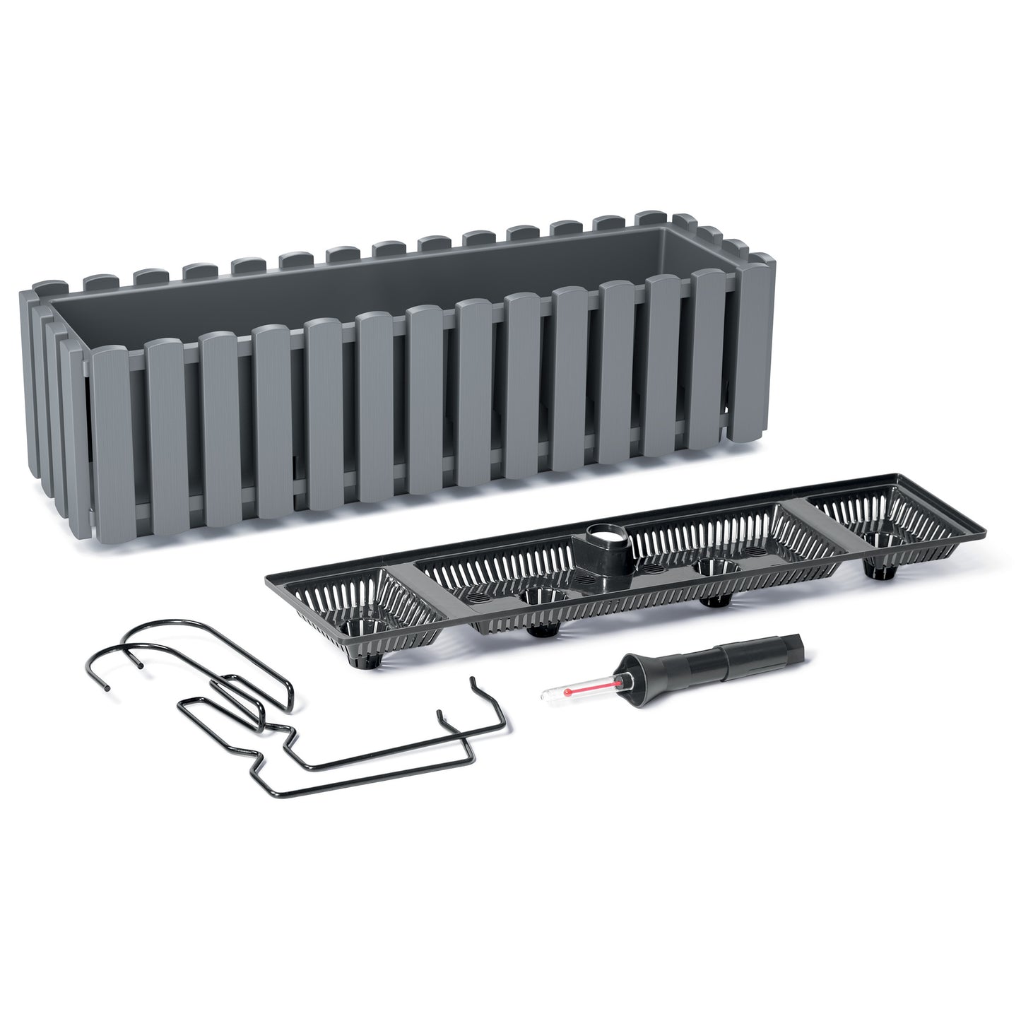 HappyFlower Balkonkasten mit Bewässerungssystem und Gummistopfen – Pflanzkasten für Geländer (38 / 58 cm), in 4 Farben