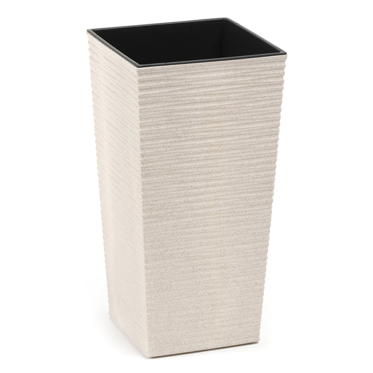 Hoher quadratischer Blumentopf 19×19 cm in Weiß, Meißel-Optik, Holzhybrid-Kunststoff